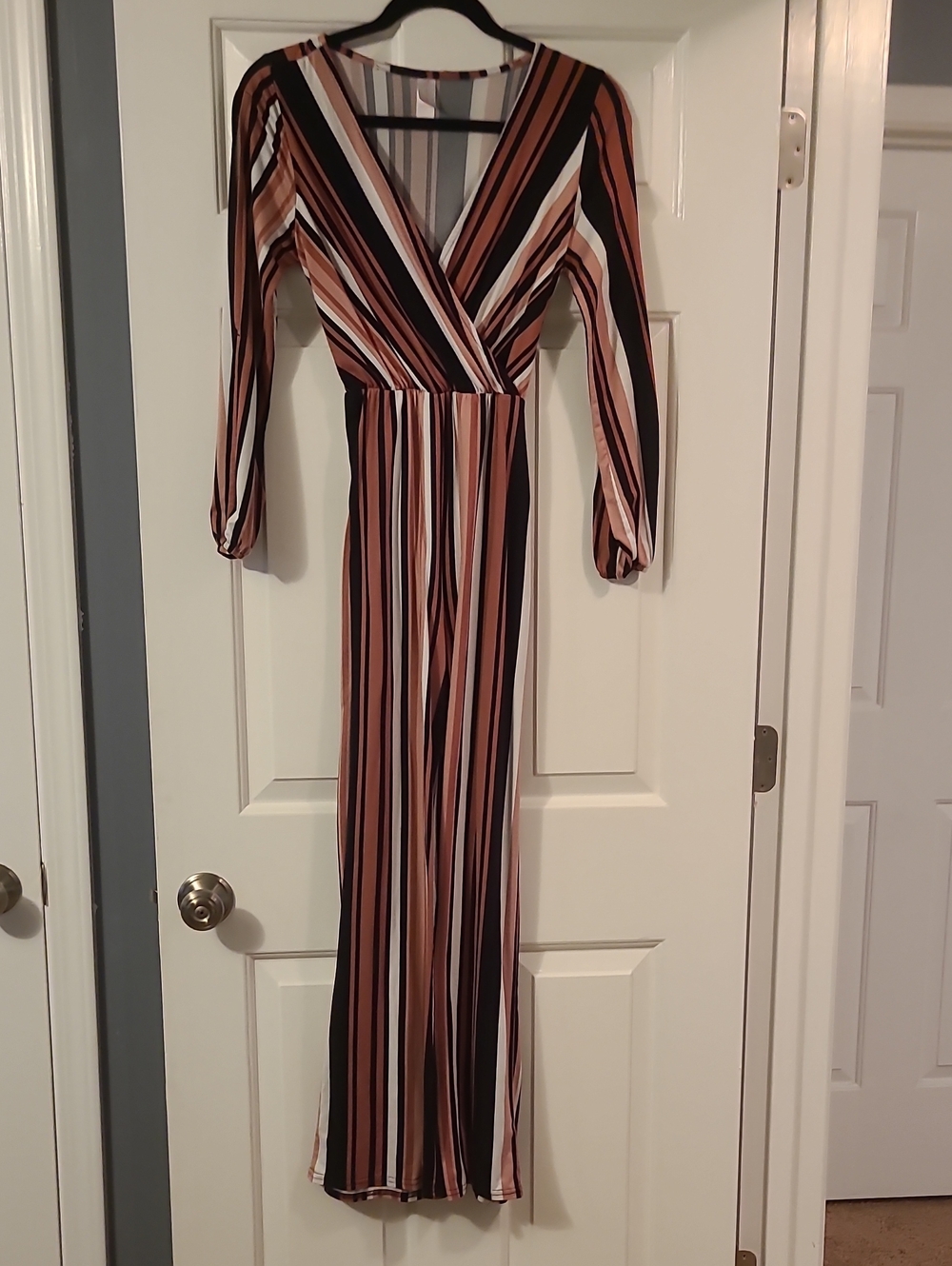 No Boundaries Striped Wrap Jumpsuit in Black & Brown